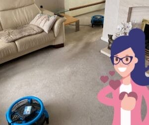 Living room with carpet and air movers drying floor.