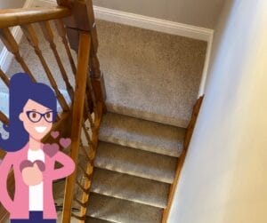 Carpeted staircase with wooden railing viewed from above.