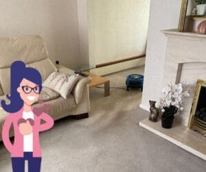 Living room with cream sofa, fireplace, and small robot vacuum on carpet.